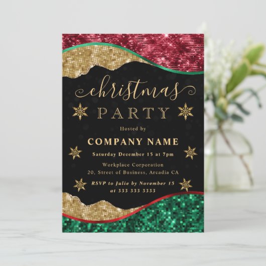 Green Red & Gold Snowflake Company Christmas Party 招待状 (スタンド正面)
