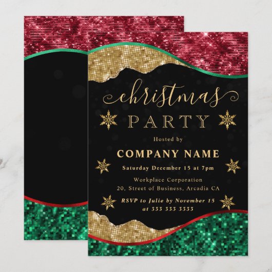 Green Red & Gold Snowflake Company Christmas Party 招待状 (正面/裏面)