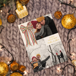 Green Red Gold Striped Bow Merry Christmas Photo 箔シーズンカード