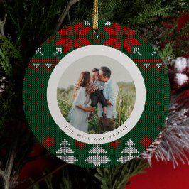 Green & Red Knit Sweater Pattern Photo セラミックオーナメント