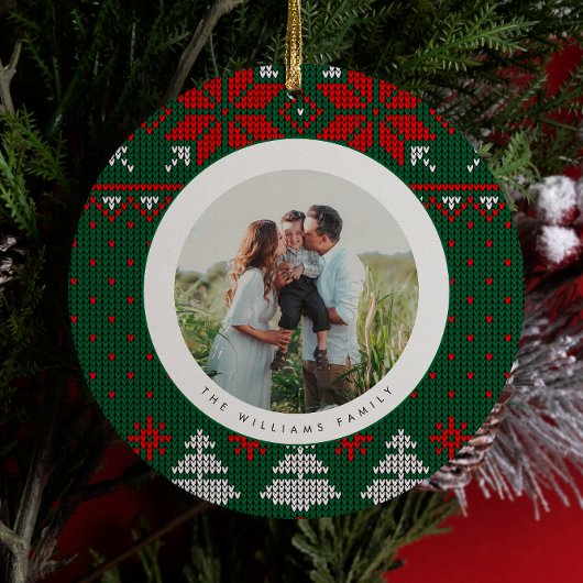 Green & Red Knit Sweater Pattern Photo セラミックオーナメント
