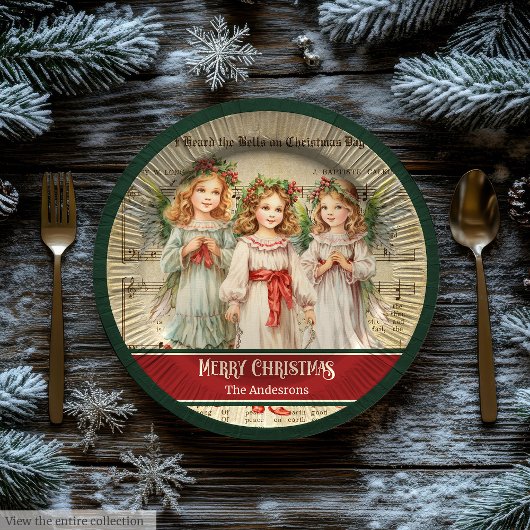 Green Red Merry Christmas Plates Angels Keepsake ペーパープレート