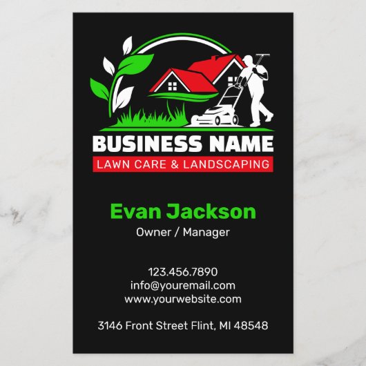 Green Red Modern Lawn Care Landscaping Business チラシ (正面)