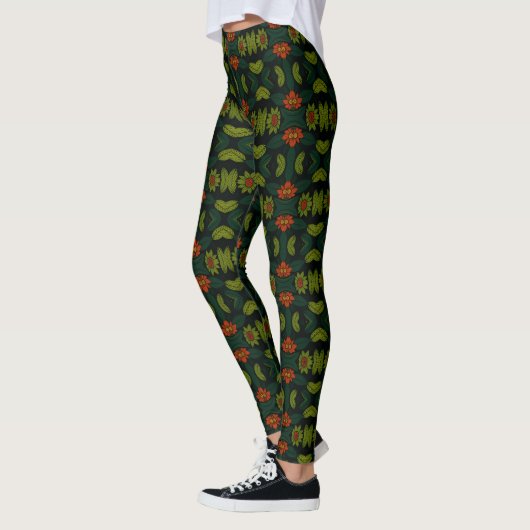 Green & Red PatternedFloral Mosaic Women's Legging レギンス (左)