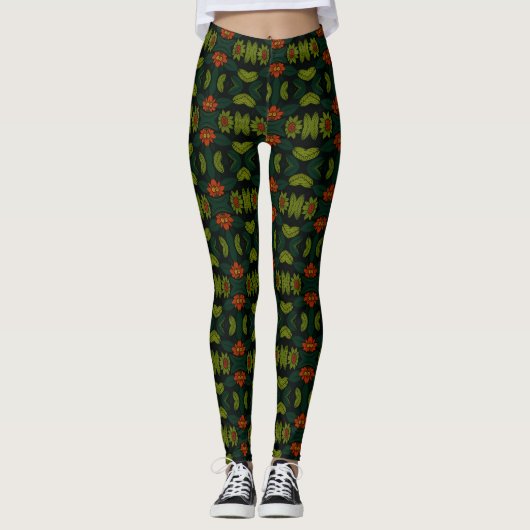 Green & Red PatternedFloral Mosaic Women's Legging レギンス (正面)
