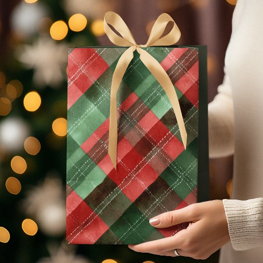 Green & Red Plaid Christmas Gift Bag ミディアムペーパーバッグ