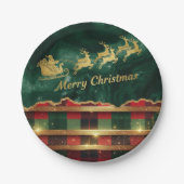 Green Red Plaid Santa Sleigh Merry Christmas ペーパープレート (正面)