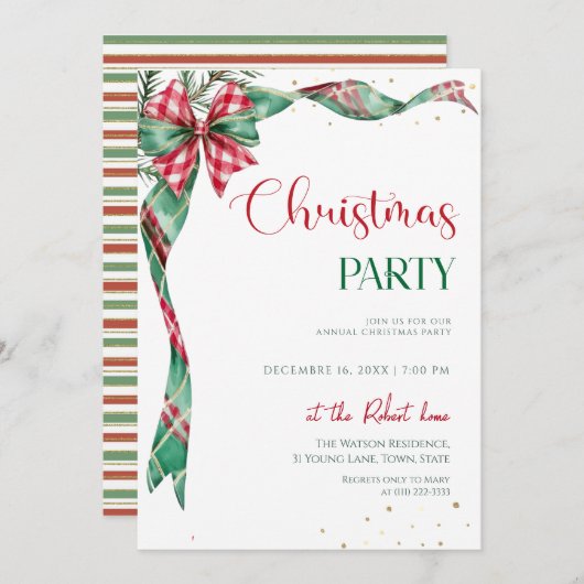 Green Red Ribbon Bow Christmas Party 招待状 (正面/裏面)