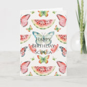Green Red Watermelon Blue Butterflies Birthday カード (正面)
