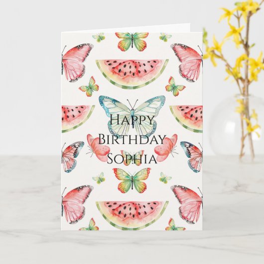 Green Red Watermelon Blue Butterflies Birthday カード (黄色い花)