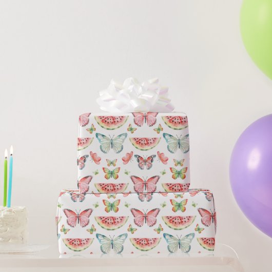Green Red Watermelon Blue Butterflies Birthday ラッピングペーパー (パーティーギフト)