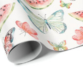 Green Red Watermelon Blue Butterflies Birthday ラッピングペーパー (ロールコーナー)