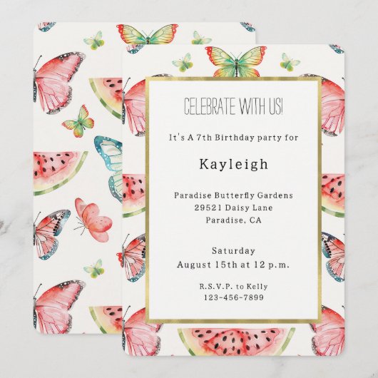 Green Red Watermelon Blue Butterflies Birthday 招待状 (正面/裏面)