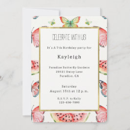 Green Red Watermelon Blue Butterflies Birthday 招待状