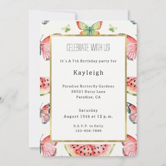 Green Red Watermelon Blue Butterflies Birthday 招待状 (正面)