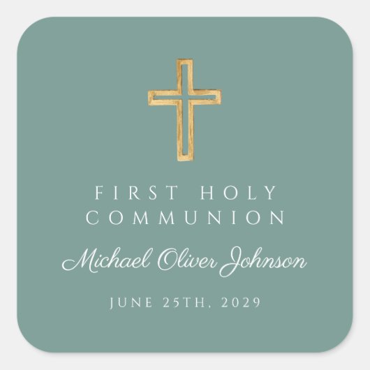 Green Religious Cross Boy First Communion スクエアシール (正面)