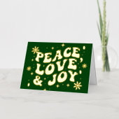 Green Retro Groovy Peace Love Joy Christmas 箔シーズンカード (正面)