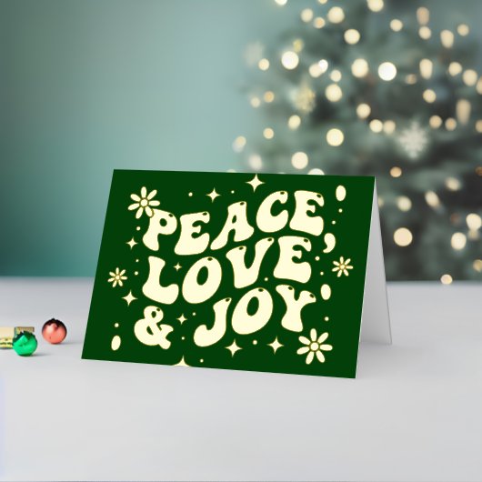 Green Retro Groovy Peace Love Joy Christmas 箔シーズンカード (クリスマスインサイチュ2)