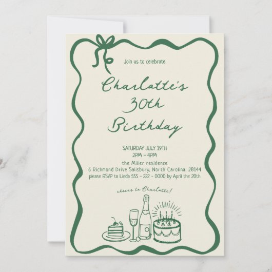 GREEN RETRO HAND DRAWN 30th Birthday 招待状 (正面)