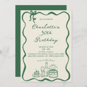 GREEN RETRO HAND DRAWN 30th Birthday 招待状 (正面/裏面)