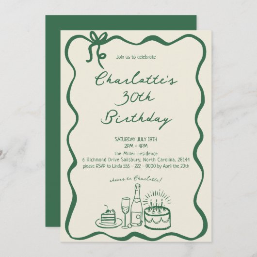 GREEN RETRO HAND DRAWN 30th Birthday 招待状 (正面/裏面)