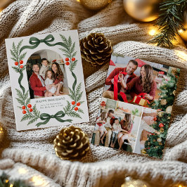 Green Ribbon Holiday Card with Photo Grid on Back シーズンカード