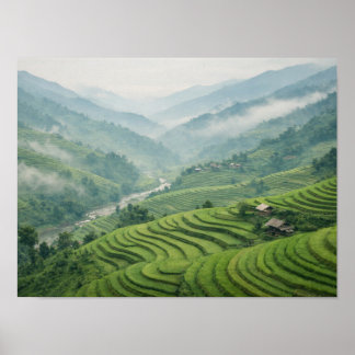 Green Rice Terraces Mountain Valley Landscape ポスター