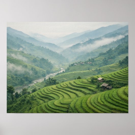 Green Rice Terraces Mountain Valley Landscape ポスター (正面)