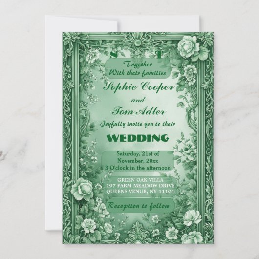 Green Rococo Garden Grand Baroque Opulence Wedding 招待状 (正面)