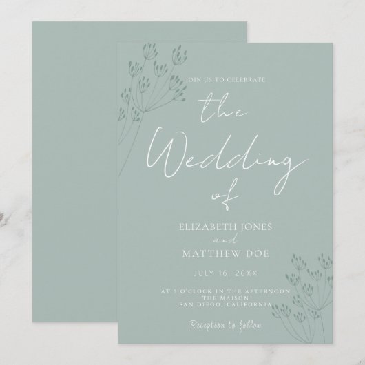 Green Romantic Greenery Wedding Invitation 招待状 (正面/裏面)