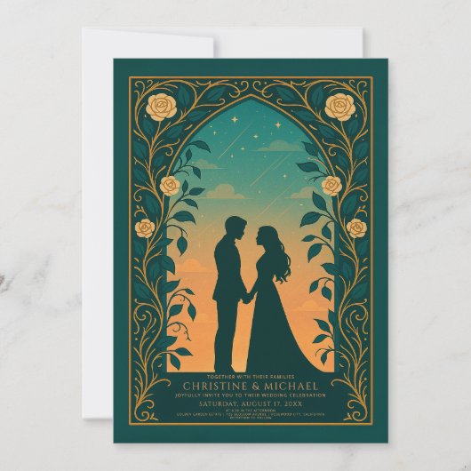 Green Romantic Silhouette Couple Wedding Invite 招待状 (正面)