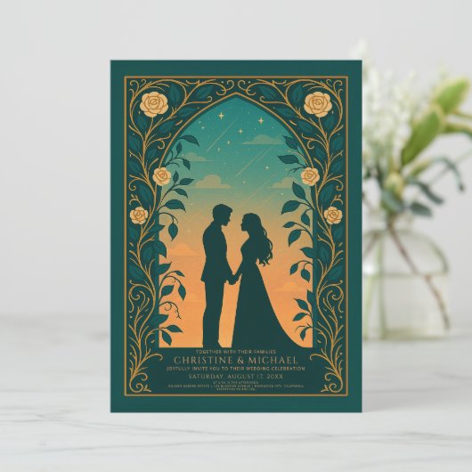 Green Romantic Silhouette Couple Wedding Invite 招待状 (スタンド正面)
