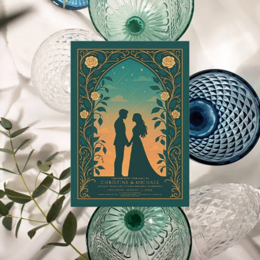 Green Romantic Silhouette Couple Wedding Invite 招待状