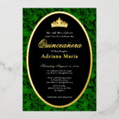 Green Roses Elegant Gold Floral Quinceanera   箔招待状 (正面)