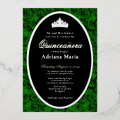 Green Roses Elegant Silver Floral Quinceanera   箔招待状 (正面)