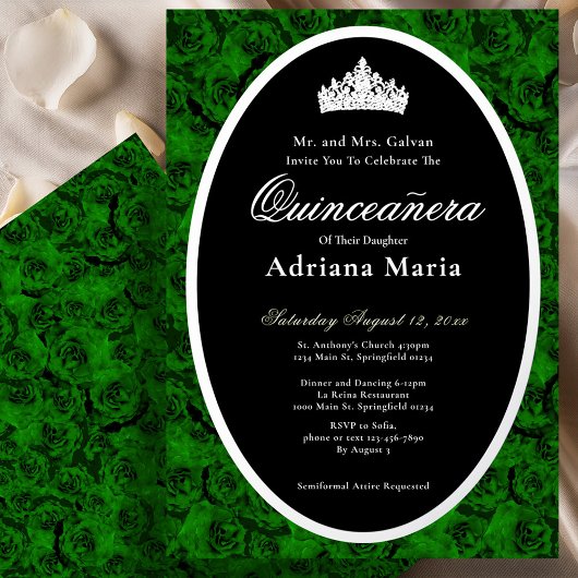 Green Roses Elegant Silver Floral Quinceanera   箔招待状
