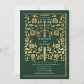 Green Royal Medieval Gold Sword Wedding QR Code 招待状 (正面)