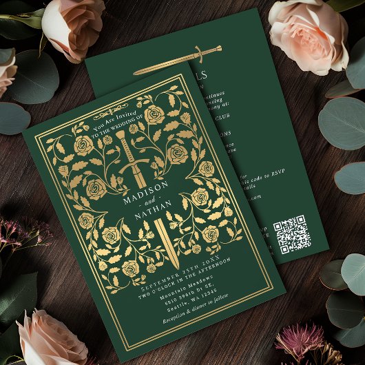 Green Royal Medieval Gold Sword Wedding QR Code 招待状