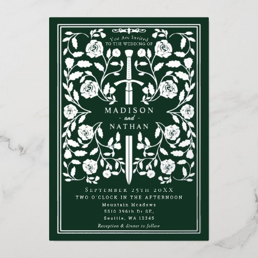 Green Royal Medieval Silver Sword Wedding 箔招待状 (正面)