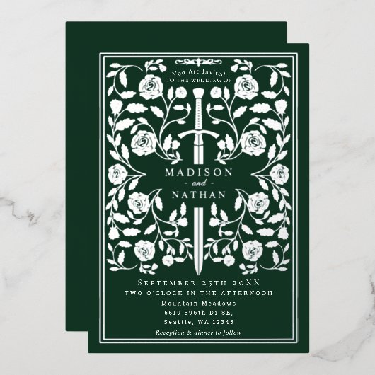 Green Royal Medieval Silver Sword Wedding Details 箔招待状 (正面/裏面)