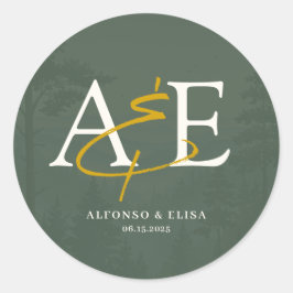 Green Rustic Forest Watercolor Wedding ラウンドシール