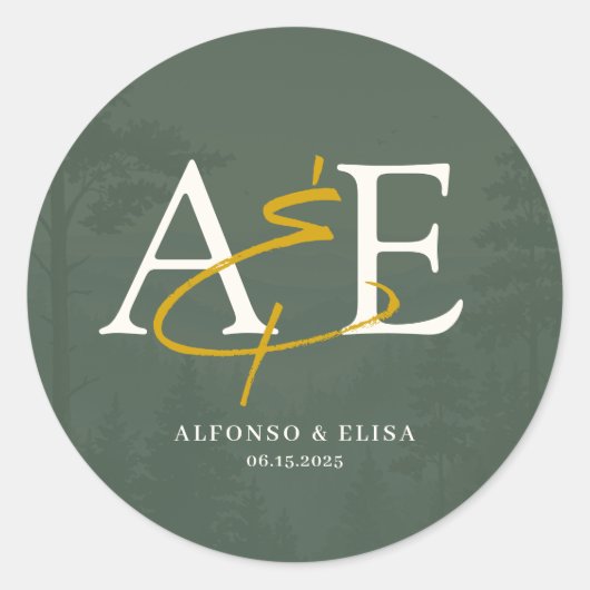 Green Rustic Forest Watercolor Wedding ラウンドシール (正面)