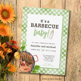 Green Rustic Gingham Barbecue Baby Shower 招待状