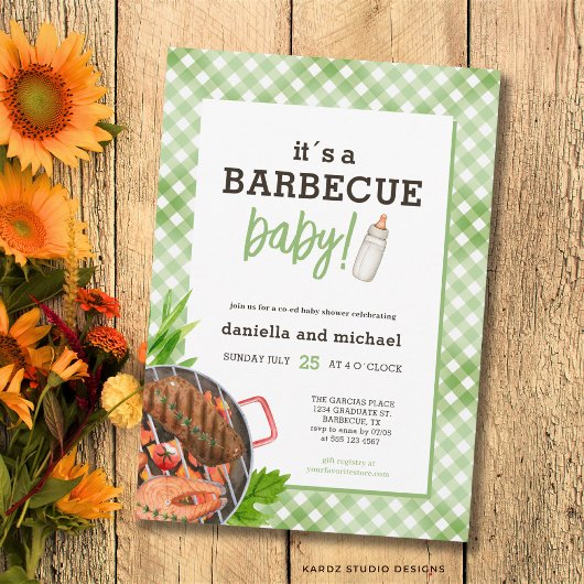 Green Rustic Gingham Barbecue Baby Shower 招待状