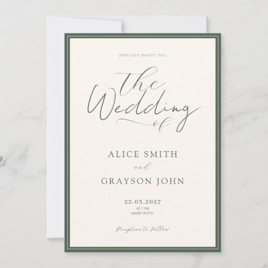 Green Rustic Script Classic Minimalist Wedding 招待状 (正面)