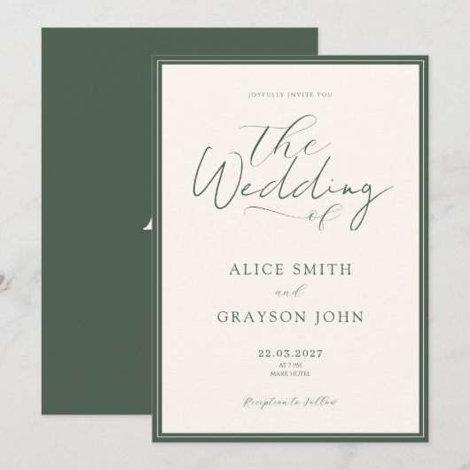 Green Rustic Script Classic Minimalist Wedding 招待状 (正面/裏面)