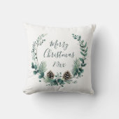 Green Rustic Wreath Farmhouse Merry Christmas クッション (正面)