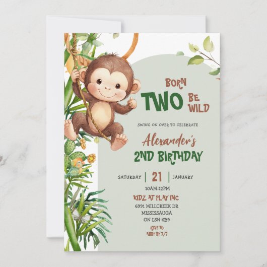 Green Safari Monkey Born Two Be Wild 2nd Birthday 招待状 (正面)