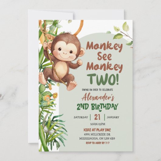 Green Safari Monkey See Monkey Two 2nd Birthday 招待状 (正面)