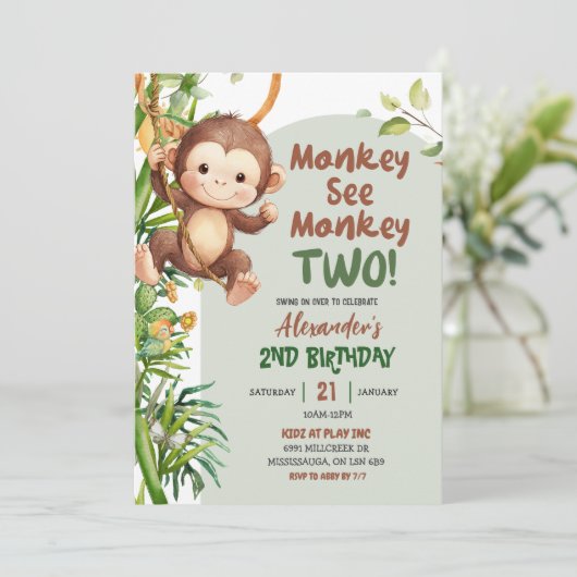 Green Safari Monkey See Monkey Two 2nd Birthday 招待状 (スタンド正面)
